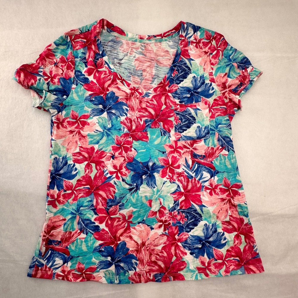 Dept‎ 222 Womens Floral V-Neck Pocket T-Shirt Pink Blue Tropical Tee Large